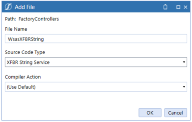 Add File dialog box that features the file name, source code type, and compiler action. 